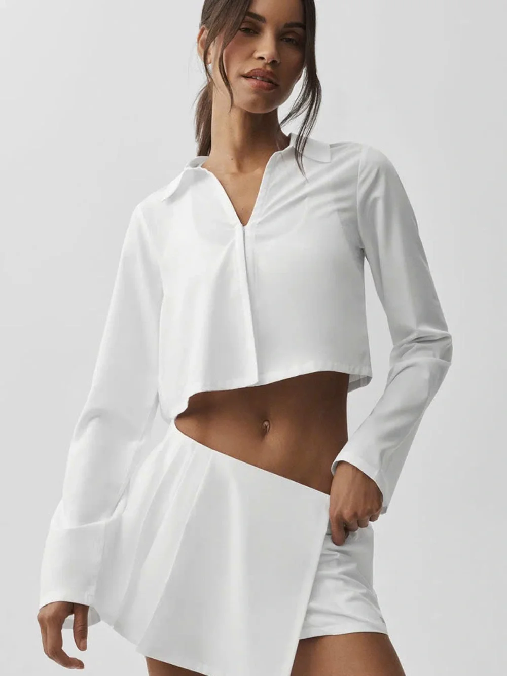 ALO Cropped White Collared Top with White Pleated Skort Size L